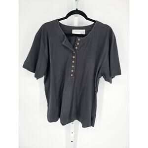 Elisabeth Women's Black Half Button Round Neck Short Sleeve Pullover Top Size 1X